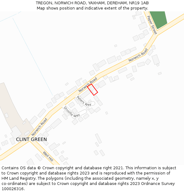 TREGON, NORWICH ROAD, YAXHAM, DEREHAM, NR19 1AB: Location map and indicative extent of plot