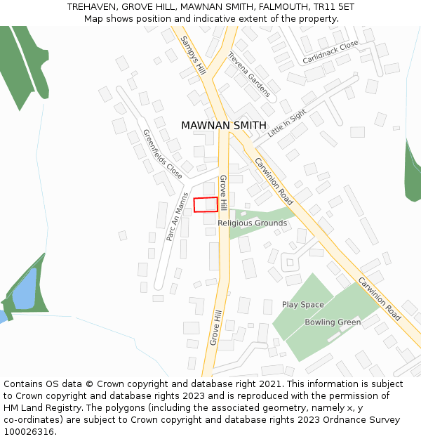 TREHAVEN, GROVE HILL, MAWNAN SMITH, FALMOUTH, TR11 5ET: Location map and indicative extent of plot