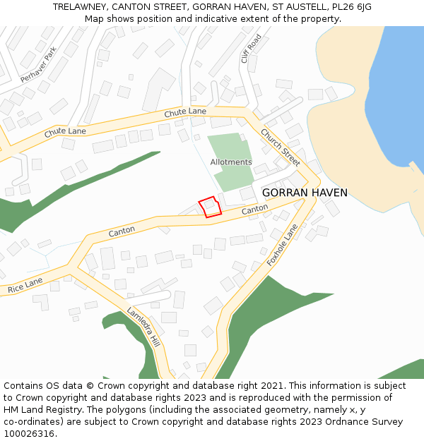 TRELAWNEY, CANTON STREET, GORRAN HAVEN, ST AUSTELL, PL26 6JG: Location map and indicative extent of plot
