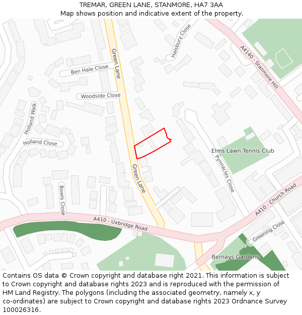 TREMAR, GREEN LANE, STANMORE, HA7 3AA: Location map and indicative extent of plot