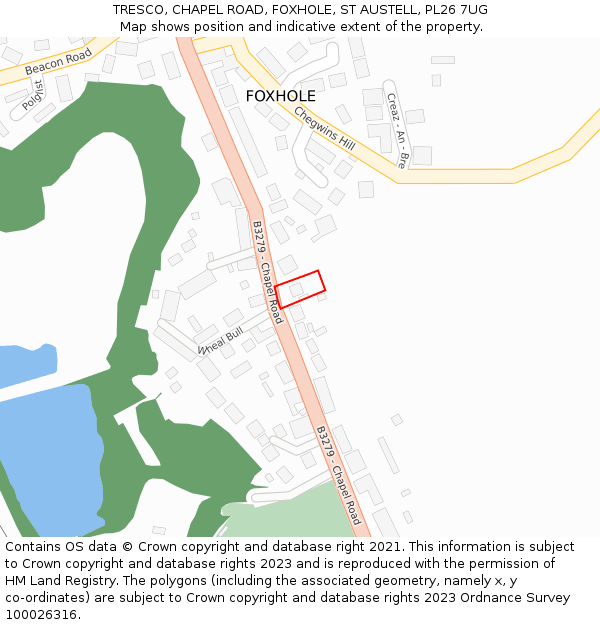 TRESCO, CHAPEL ROAD, FOXHOLE, ST AUSTELL, PL26 7UG: Location map and indicative extent of plot