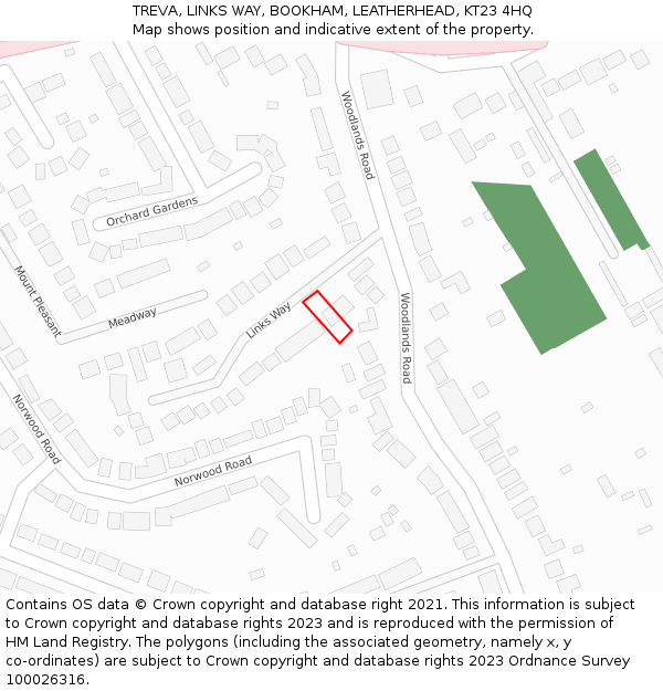 TREVA, LINKS WAY, BOOKHAM, LEATHERHEAD, KT23 4HQ: Location map and indicative extent of plot