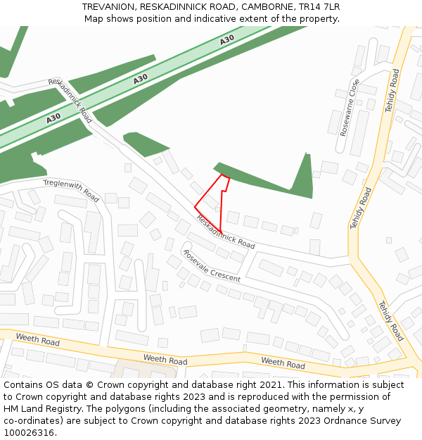 TREVANION, RESKADINNICK ROAD, CAMBORNE, TR14 7LR: Location map and indicative extent of plot