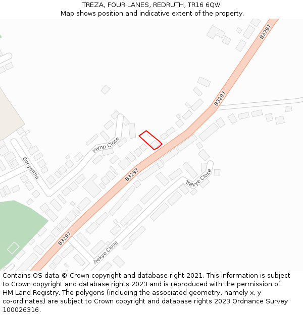 TREZA, FOUR LANES, REDRUTH, TR16 6QW: Location map and indicative extent of plot