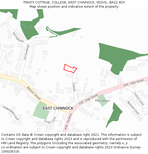 TRINITY COTTAGE, COLLEGE, EAST CHINNOCK, YEOVIL, BA22 9DY: Location map and indicative extent of plot