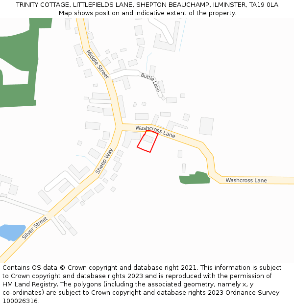 TRINITY COTTAGE, LITTLEFIELDS LANE, SHEPTON BEAUCHAMP, ILMINSTER, TA19 0LA: Location map and indicative extent of plot