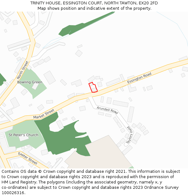 TRINITY HOUSE, ESSINGTON COURT, NORTH TAWTON, EX20 2FD: Location map and indicative extent of plot