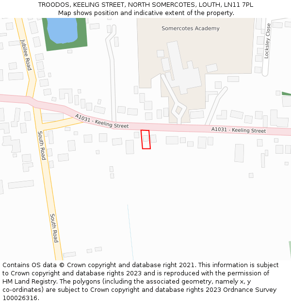 TROODOS, KEELING STREET, NORTH SOMERCOTES, LOUTH, LN11 7PL: Location map and indicative extent of plot