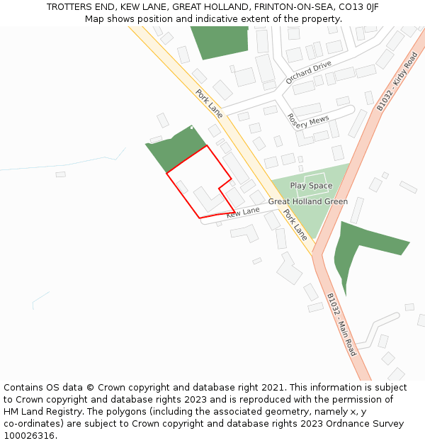 TROTTERS END, KEW LANE, GREAT HOLLAND, FRINTON-ON-SEA, CO13 0JF: Location map and indicative extent of plot
