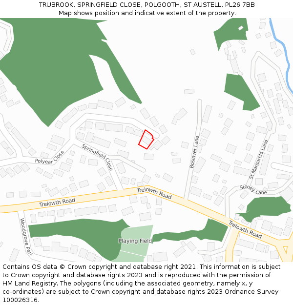 TRUBROOK, SPRINGFIELD CLOSE, POLGOOTH, ST AUSTELL, PL26 7BB: Location map and indicative extent of plot