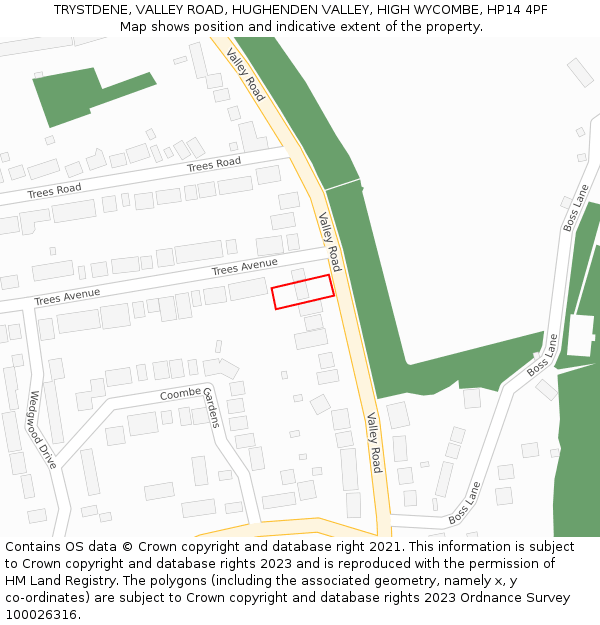 TRYSTDENE, VALLEY ROAD, HUGHENDEN VALLEY, HIGH WYCOMBE, HP14 4PF: Location map and indicative extent of plot