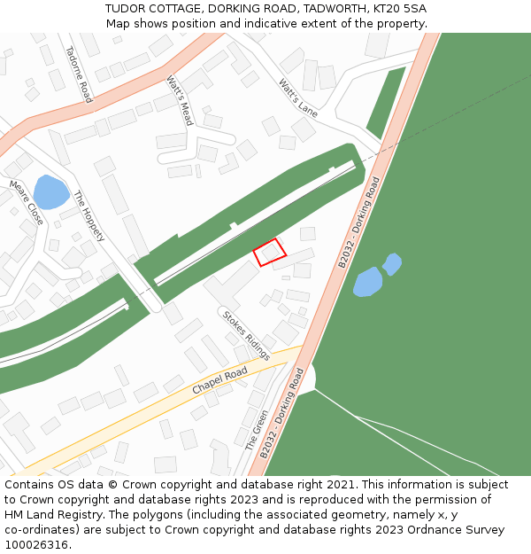 TUDOR COTTAGE, DORKING ROAD, TADWORTH, KT20 5SA: Location map and indicative extent of plot