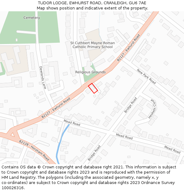 TUDOR LODGE, EWHURST ROAD, CRANLEIGH, GU6 7AE: Location map and indicative extent of plot