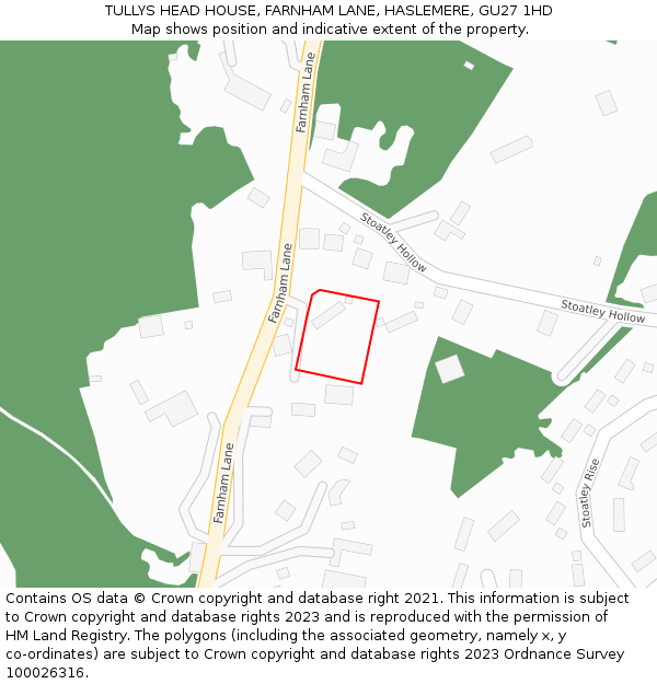 TULLYS HEAD HOUSE, FARNHAM LANE, HASLEMERE, GU27 1HD: Location map and indicative extent of plot