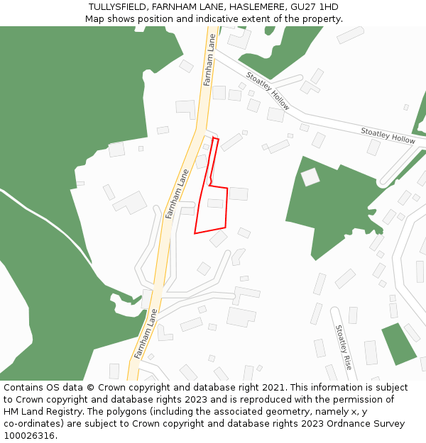 TULLYSFIELD, FARNHAM LANE, HASLEMERE, GU27 1HD: Location map and indicative extent of plot
