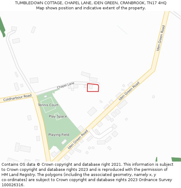 TUMBLEDOWN COTTAGE, CHAPEL LANE, IDEN GREEN, CRANBROOK, TN17 4HQ: Location map and indicative extent of plot