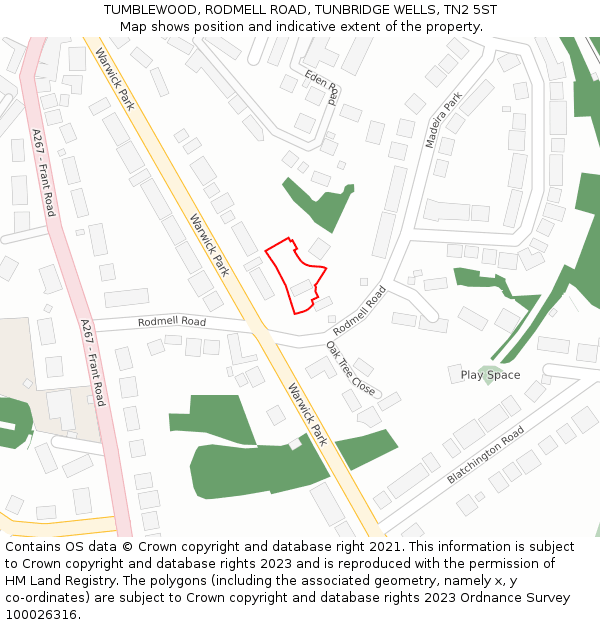 TUMBLEWOOD, RODMELL ROAD, TUNBRIDGE WELLS, TN2 5ST: Location map and indicative extent of plot