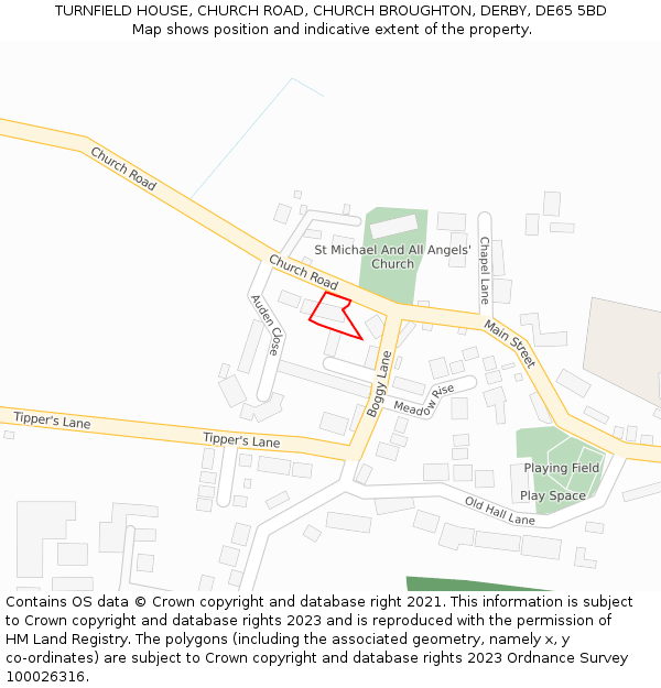 TURNFIELD HOUSE, CHURCH ROAD, CHURCH BROUGHTON, DERBY, DE65 5BD: Location map and indicative extent of plot