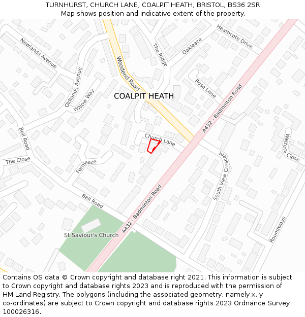 TURNHURST, CHURCH LANE, COALPIT HEATH, BRISTOL, BS36 2SR: Location map and indicative extent of plot