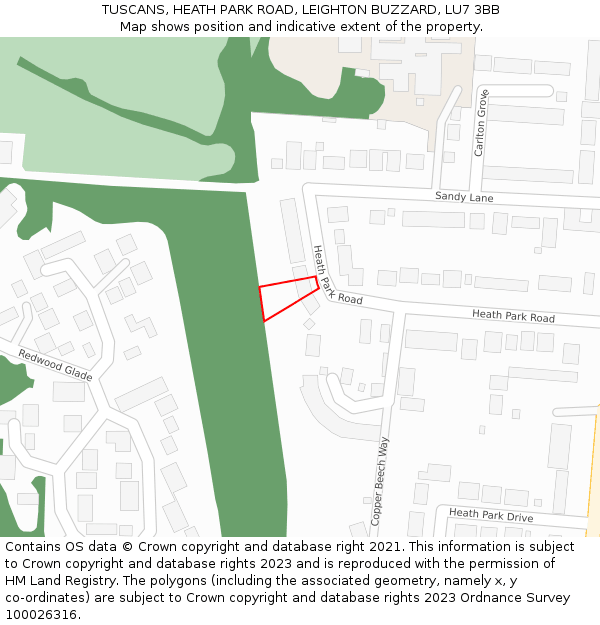 TUSCANS, HEATH PARK ROAD, LEIGHTON BUZZARD, LU7 3BB: Location map and indicative extent of plot