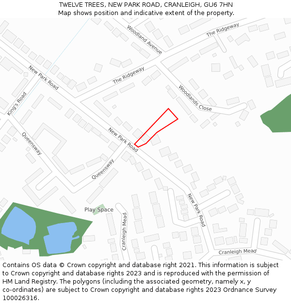 TWELVE TREES, NEW PARK ROAD, CRANLEIGH, GU6 7HN: Location map and indicative extent of plot