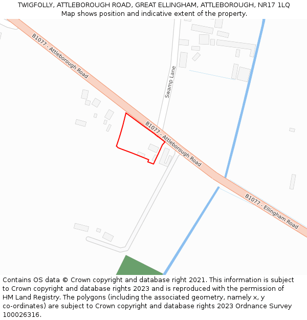 TWIGFOLLY, ATTLEBOROUGH ROAD, GREAT ELLINGHAM, ATTLEBOROUGH, NR17 1LQ: Location map and indicative extent of plot