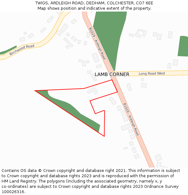TWIGS, ARDLEIGH ROAD, DEDHAM, COLCHESTER, CO7 6EE: Location map and indicative extent of plot