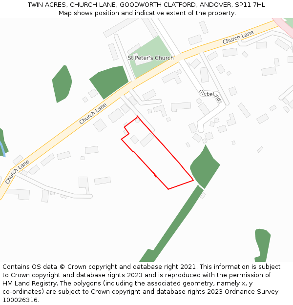 TWIN ACRES, CHURCH LANE, GOODWORTH CLATFORD, ANDOVER, SP11 7HL: Location map and indicative extent of plot