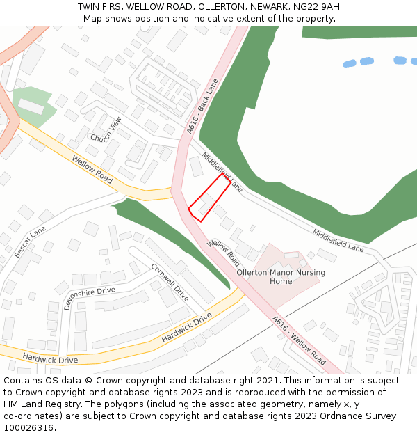 TWIN FIRS, WELLOW ROAD, OLLERTON, NEWARK, NG22 9AH: Location map and indicative extent of plot