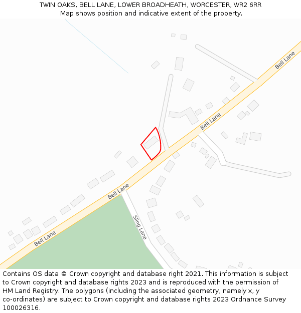 TWIN OAKS, BELL LANE, LOWER BROADHEATH, WORCESTER, WR2 6RR: Location map and indicative extent of plot