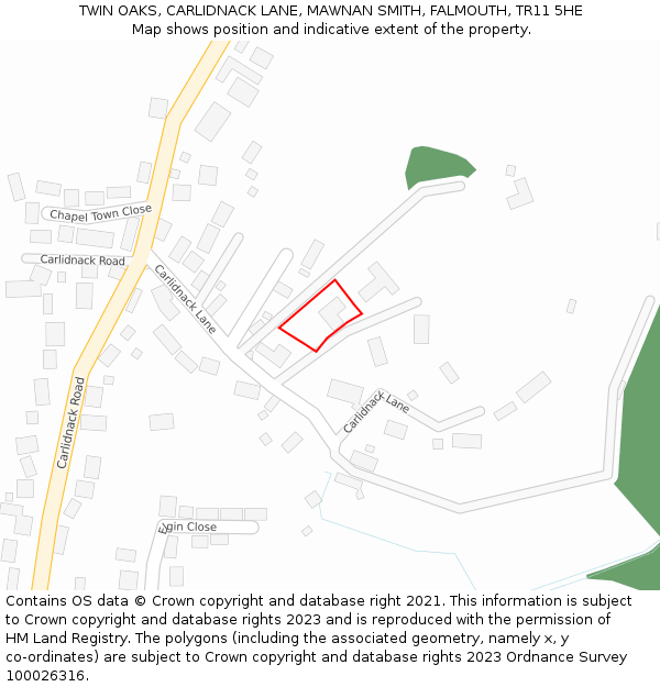 TWIN OAKS, CARLIDNACK LANE, MAWNAN SMITH, FALMOUTH, TR11 5HE: Location map and indicative extent of plot