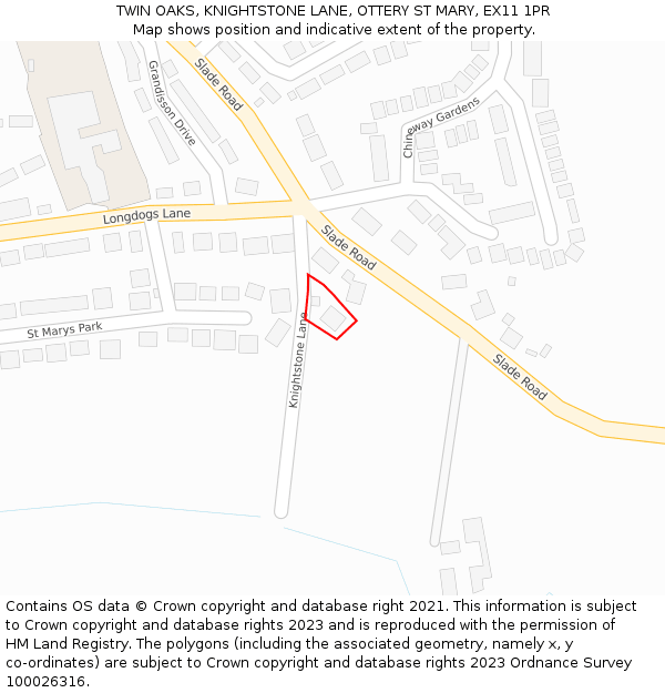 TWIN OAKS, KNIGHTSTONE LANE, OTTERY ST MARY, EX11 1PR: Location map and indicative extent of plot