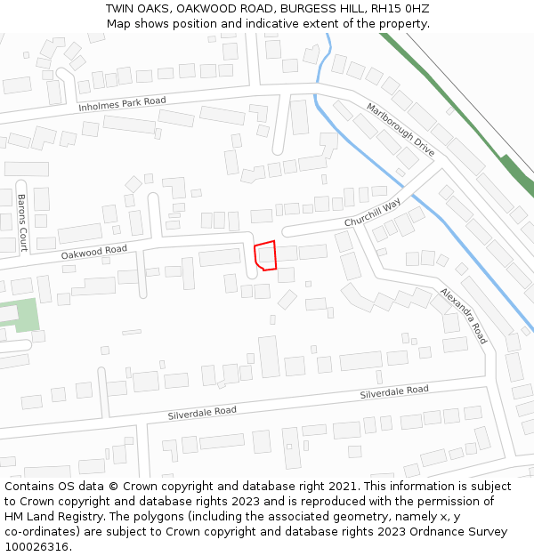 TWIN OAKS, OAKWOOD ROAD, BURGESS HILL, RH15 0HZ: Location map and indicative extent of plot