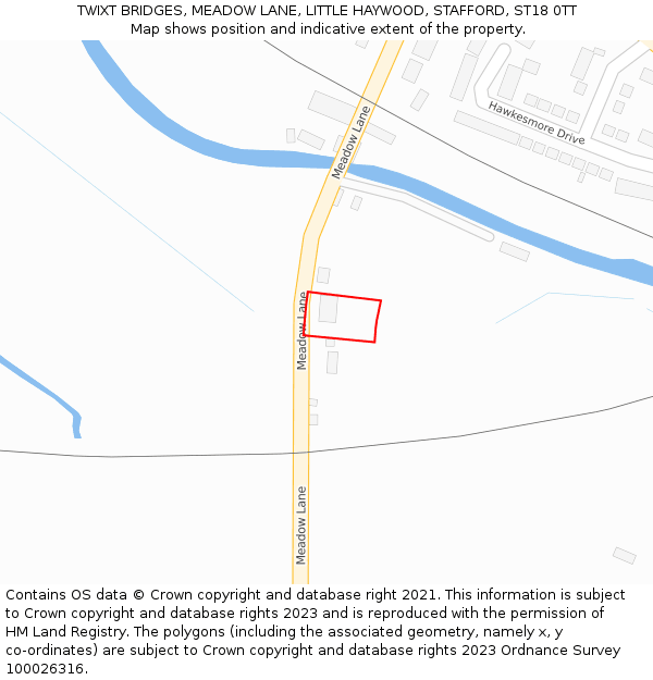 TWIXT BRIDGES, MEADOW LANE, LITTLE HAYWOOD, STAFFORD, ST18 0TT: Location map and indicative extent of plot