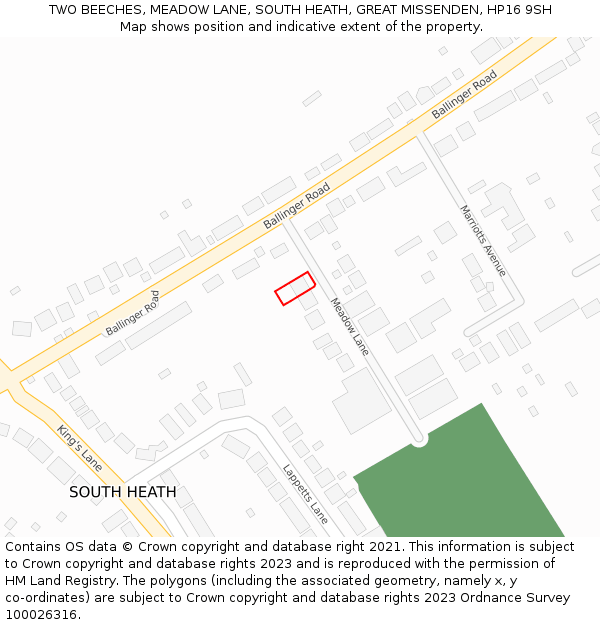 TWO BEECHES, MEADOW LANE, SOUTH HEATH, GREAT MISSENDEN, HP16 9SH: Location map and indicative extent of plot