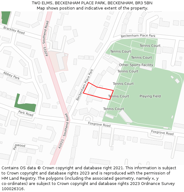 TWO ELMS, BECKENHAM PLACE PARK, BECKENHAM, BR3 5BN: Location map and indicative extent of plot