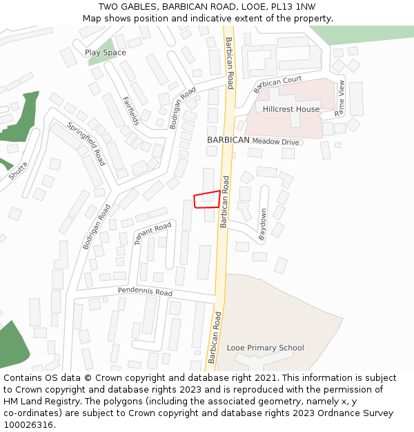TWO GABLES, BARBICAN ROAD, LOOE, PL13 1NW: Location map and indicative extent of plot