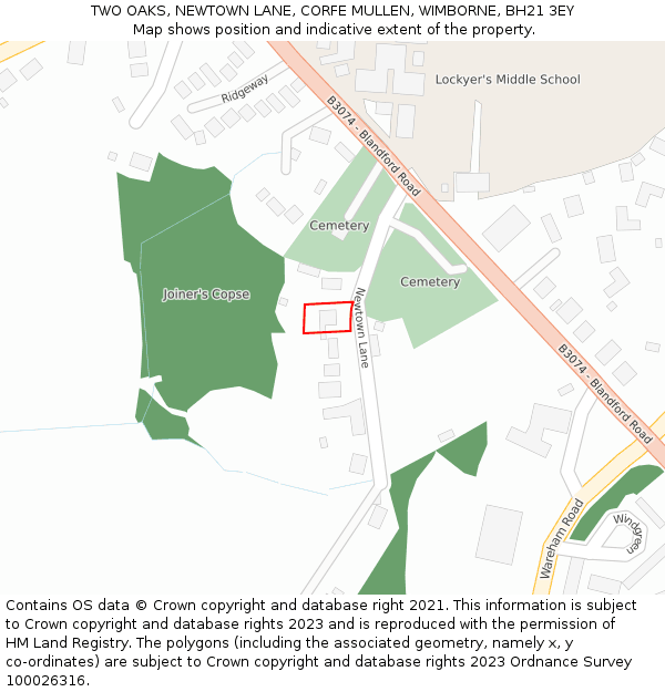 TWO OAKS, NEWTOWN LANE, CORFE MULLEN, WIMBORNE, BH21 3EY: Location map and indicative extent of plot