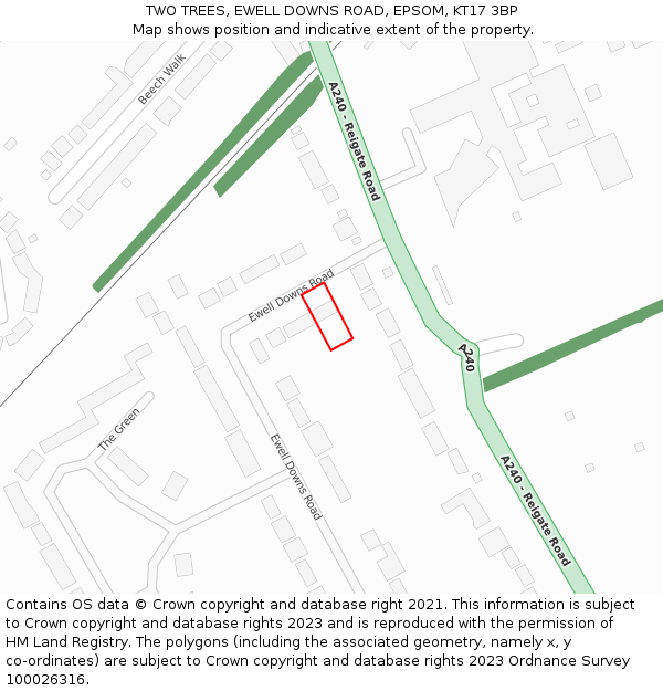 TWO TREES, EWELL DOWNS ROAD, EPSOM, KT17 3BP: Location map and indicative extent of plot