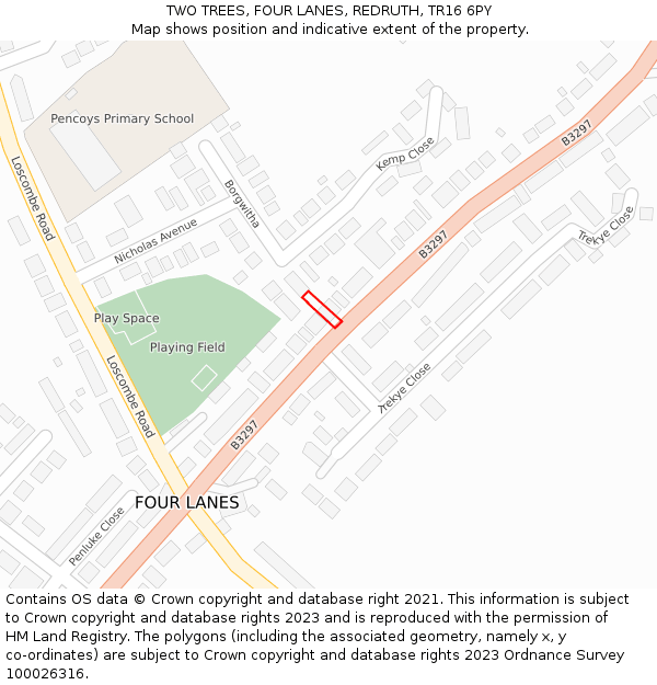 TWO TREES, FOUR LANES, REDRUTH, TR16 6PY: Location map and indicative extent of plot