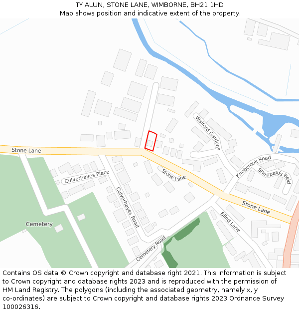 TY ALUN, STONE LANE, WIMBORNE, BH21 1HD: Location map and indicative extent of plot