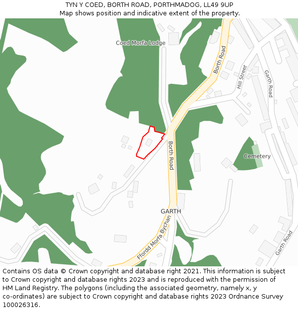 TYN Y COED, BORTH ROAD, PORTHMADOG, LL49 9UP: Location map and indicative extent of plot