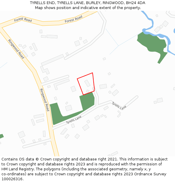 TYRELLS END, TYRELLS LANE, BURLEY, RINGWOOD, BH24 4DA: Location map and indicative extent of plot