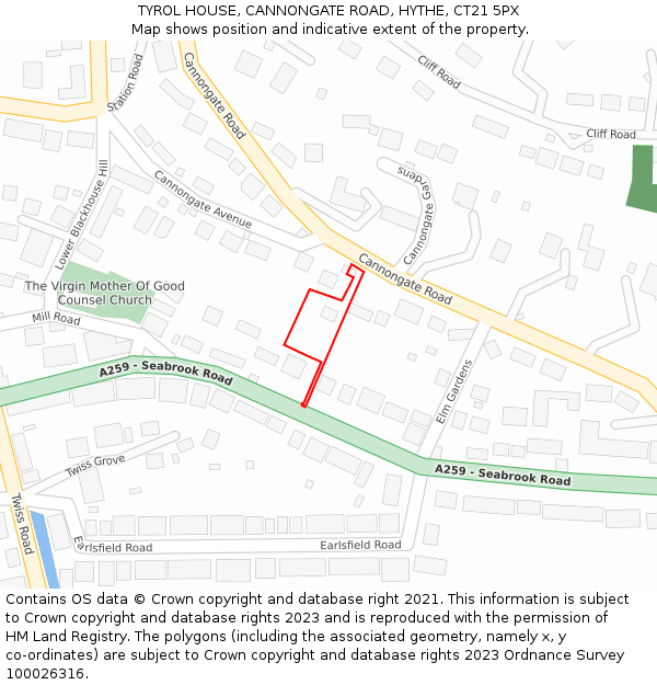 TYROL HOUSE, CANNONGATE ROAD, HYTHE, CT21 5PX: Location map and indicative extent of plot