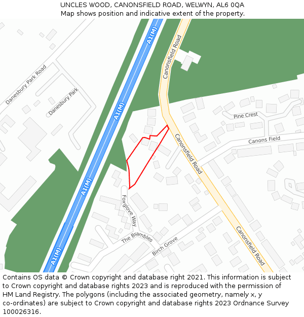 UNCLES WOOD, CANONSFIELD ROAD, WELWYN, AL6 0QA: Location map and indicative extent of plot