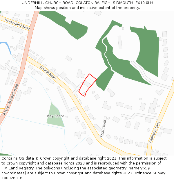 UNDERHILL, CHURCH ROAD, COLATON RALEIGH, SIDMOUTH, EX10 0LH: Location map and indicative extent of plot