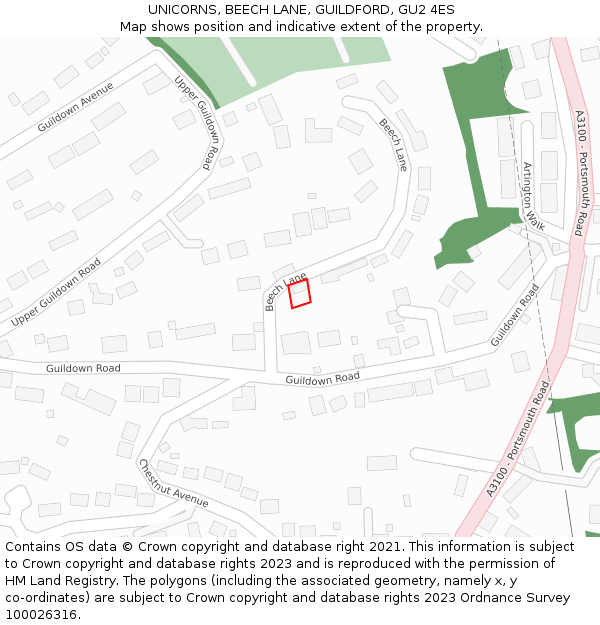 UNICORNS, BEECH LANE, GUILDFORD, GU2 4ES: Location map and indicative extent of plot