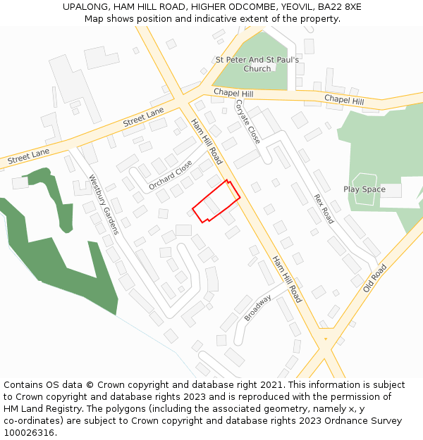 UPALONG, HAM HILL ROAD, HIGHER ODCOMBE, YEOVIL, BA22 8XE: Location map and indicative extent of plot