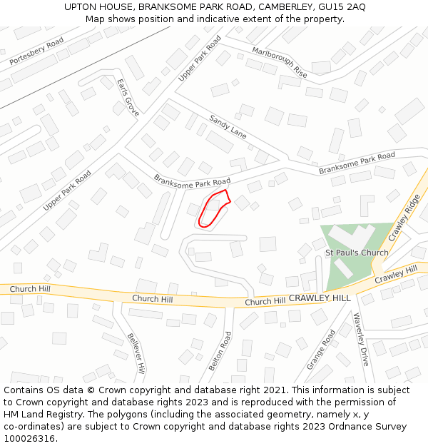 UPTON HOUSE, BRANKSOME PARK ROAD, CAMBERLEY, GU15 2AQ: Location map and indicative extent of plot