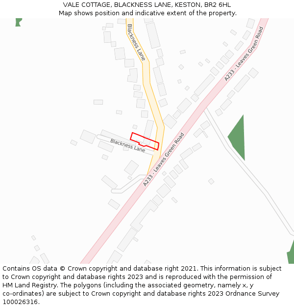 VALE COTTAGE, BLACKNESS LANE, KESTON, BR2 6HL: Location map and indicative extent of plot